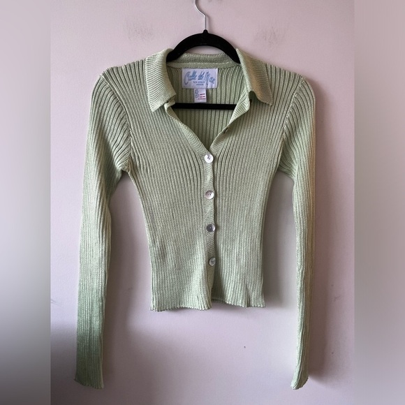 Calle Del Mar Melon Green Knit Ribbed Cardigan - Small - Hand Knit in Cali - Picture 9 of 9